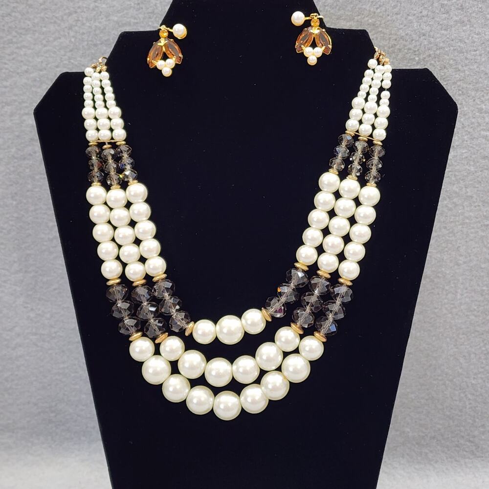 Crystal Necklace Clip-On Earrings Kenneth Jay Lane Three Strand Faux Pearl Brown